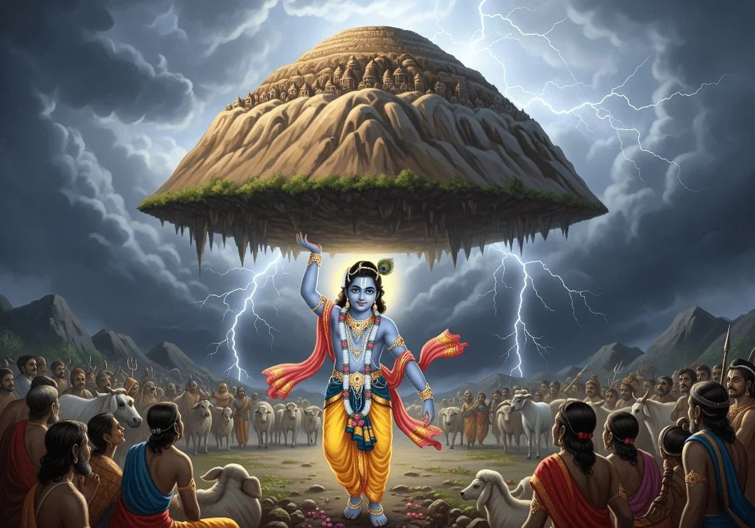 Krishna and Indra – Lord Krishna Lifts Govardhan Mountain