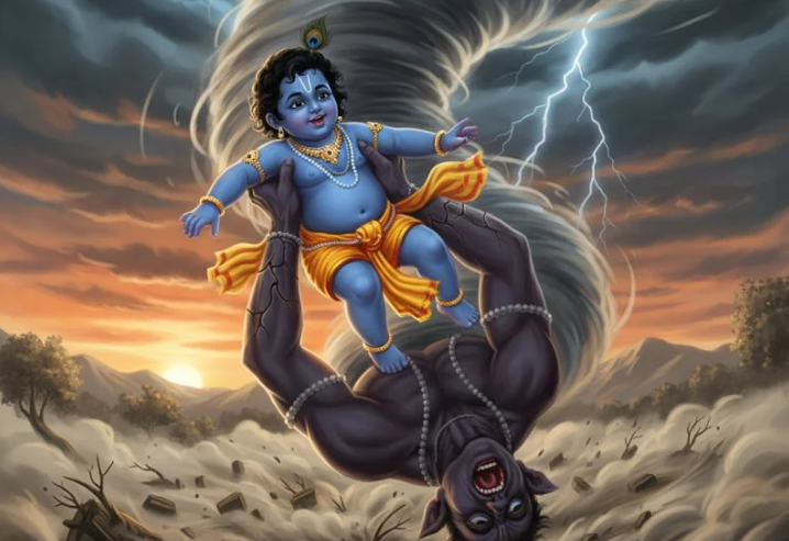 Trinavarta and Krishna - The Whirlwind Demon Slain